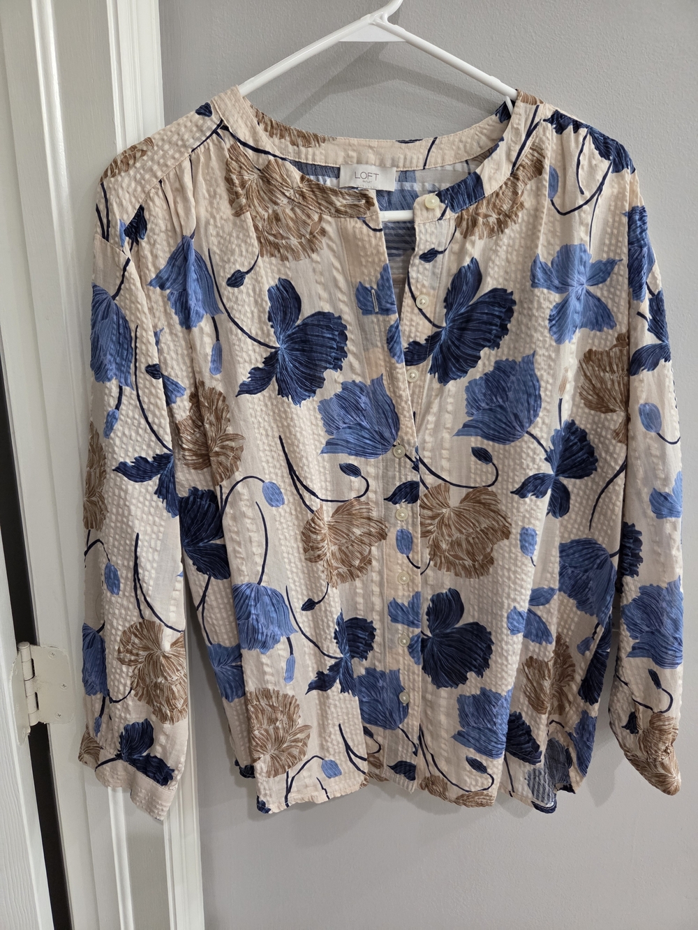 LOFT Beige Blouse with Blue & Brown Floral Print